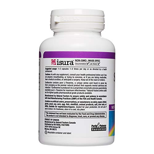Stress-Relax Suntheanine L-Theanine 125 mg by Natural Factors, Non-Drowsy Stress Support for Mental Calmness and Relaxation, 60 capsules (30 servings)