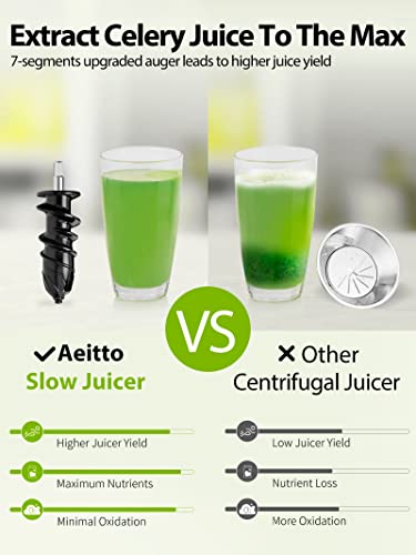 Slow Masticating Juicer,Aeitto Celery Juicer Machine,Juice Extractor,Cold Press Juicer with 2-Speed Modes,Reverse Function & Quiet Motor for Vegetables And Fruits,Easy to Clean with Brush