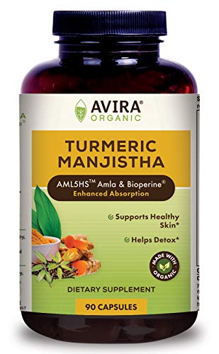 Avira Organic Turmeric Manjistha – Super Fusion with Neem, Amla, Curcumin & Bioperine, for Skin Health & Natural Complexion, Enhanced Absorption, Non-GMO, Max Strength-2190mg Per Day Intake