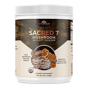 SACRED 7 Mushroom Extract Powder - USDA Organic - Lion's Mane, Reishi, Cordyceps, Maitake, Shiitake, Turkey Tail, Chaga - Immunity Supplement - Add to Coffee & Tea - Real Mushrooms - No fillers - 226g