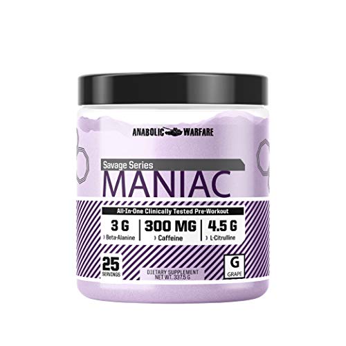 Maniac Pre Workout Powder by Anabolic Warfare – Preworkout Mix to BoostFocus & Energywith Caffeine, Beta Alanine, Lions Mane Mushroom, L Citrulline Powder and Creatine (Grape - 25 Servings)