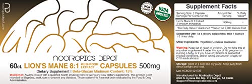 Lions Mane Mushroom Capsules | 8:1 Whole Fruiting Body Dual Extract | 500mg | 60 Count | Hericium erinaceus