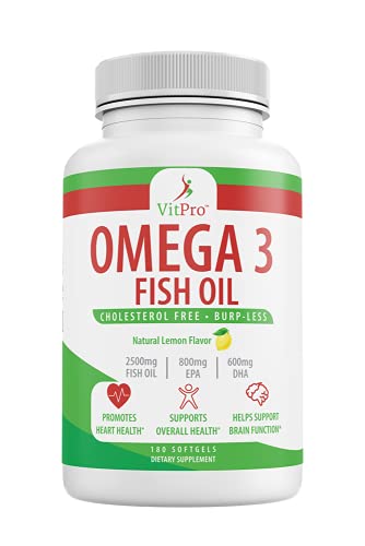 Triple Strength Omega 3 Fish Oil - 2500mg with EPA and DHA, Cholesterol Free, Burp-Less, Joint Support, Promotes Brain & Heart Health, Non-GMO, Natural Lemon Flavor - 180 Softgels | VitPro