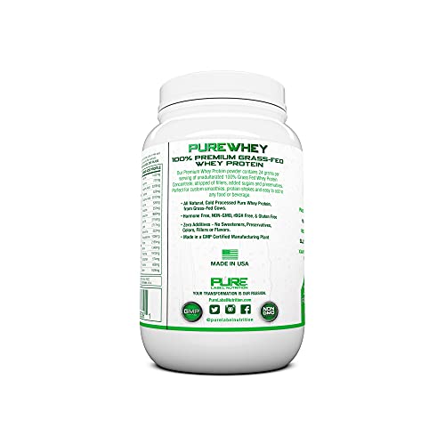 Pure Label Nutrition 100% USA Grass-Fed Whey Protein Concentrate, 2lb Unflavored, Non-GMO, rBGH Free, Soy Free, Gluten Free, Low Carbs and Low Fat, No Sugar Added, Keto Friendly