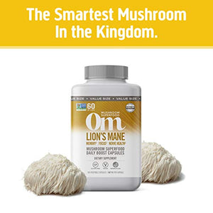 Om Mushroom Superfood Lion's Mane Mushroom Capsules Superfood Supplement, 180 Count, 60 Days, Fruit Body and Mycelium Nootropic for Memory Support, Focus, Clarity, Nerve Health, Creativity and Mood