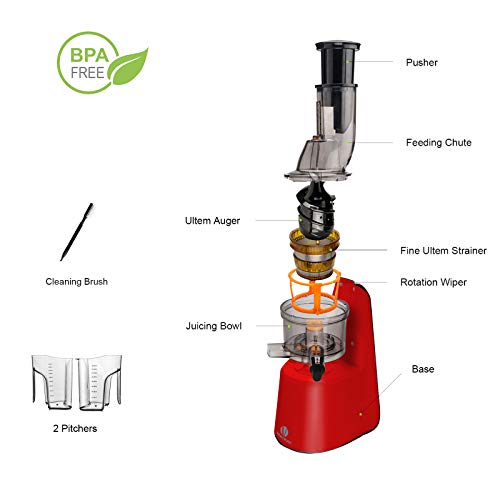 Ventray Slow Press Masticating Juicer Professional Juicer Machine BPA-Free Juice Extractor with Reverse Function,Easy to Clean with Large Feed Chute for High Nutrient Fruit & Vegetable Juice - Red