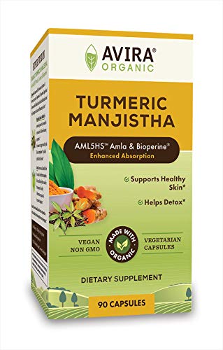 Avira Organic Turmeric Manjistha – Super Fusion with Neem, Amla, Curcumin & Bioperine, for Skin Health & Natural Complexion, Enhanced Absorption, Non-GMO, Max Strength-2190mg Per Day Intake