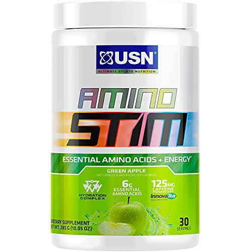 USN Amino Stim EAAs (Essential Amino Acids) + Energy, 125mg Caffeine, 6g Essential Amino Acids, Hydration Complex, Muscle Growth Recovery, Green Apple, 10.05 Ounce (Pack of 1)