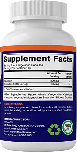 Vitamatic Quercetin with Bromelain - 120 Vegetarian Capsules - Supports Healthy Immune, Respiratory & Cardiovascular Function, Helps Improve Anti-Inflammatory Response