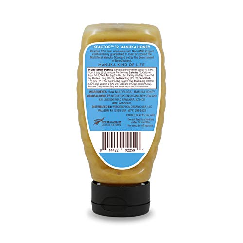 Wedderspoon Raw Multifloral Manuka Honey KFactor 12, Unpasteurized, Genuine New Zealand Honey, Multi-Functional, Non-GMO Superfood, Convenient Squeeze Bottle, 12 Ounce