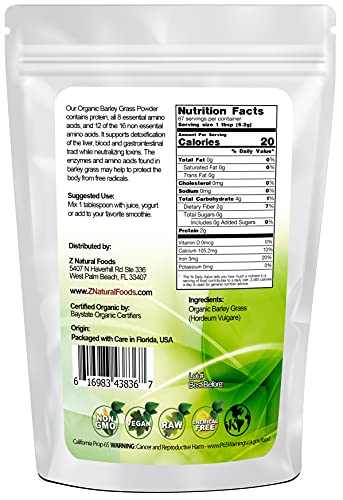 Organic Barley Grass Powder - Green Superfood Supplement for Drinks, Juice, Shakes, Smoothies, Recipes - All Natural Vitamins, Minerals Antioxidants - Raw, Vegan, Non GMO, Kosher - 1 lb