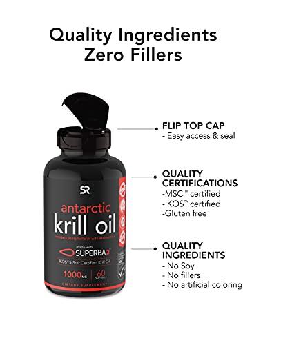 Antarctic Krill Oil 1000mg (Double Strength) with Omega-3s EPA & DHA + Astaxanthin | IKOS 5-Star Certified & Non-GMO Verified (60 Softgels)