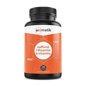 Aromatik Caffeine L-Theanine Focus Supplement | Caffeine (100 mg) + L-Theanine (200 mg) + B Vitamins | Energy Focus Cognition | USA Made at FDA Registered Facility | Vegan Capsules | 120 Servings