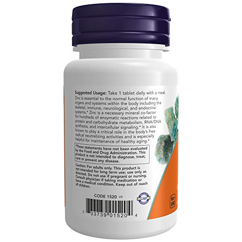 Now Foods Supplements, Zinc (Zinc Gluconate) 50 mg, Supports Enzyme Functions, Immune Support, 100 Tablets, Yellow/Gold