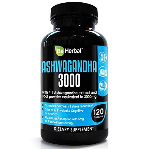 BE HERBAL Organic Ashwagandha 3000mg with Black Pepper - Stress Relief, Anti Anxiety, Cortisol Manager and Adrenal Support Supplement - 120 Capsules