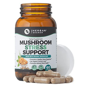 The Herban Shaman’s Mushroom Stress Support Capsules | Organic Mushroom Herbal Capsules with Reishi, Lions Mane, Turkey Tail, Lemon Balm, Bacopa (60 Capsules)