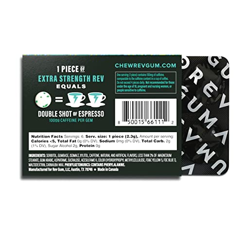 Rev Gum Caffeine Energy Gum | Extra Strength 100mg of Caffeine per Gem | Spearmint Sugar Free Caffeine Gum - Low Calorie Chews to Help You Stay Alert, Awake and Focused - Mint Chewing Gum - 12 Packs (72 Count)