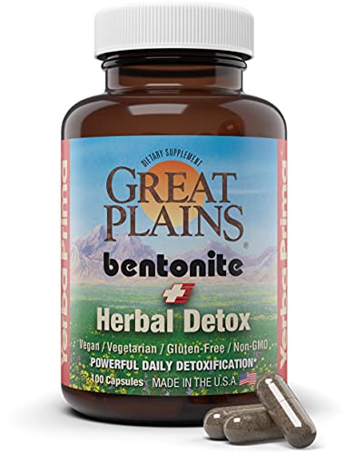 Yerba Prima Bentonite Clay Plus Herbal Detox, 100 Veg Capsules - Food Grade Clay from The Great Plains, USA - Liver and Colon Cleanse Supplement with Calcium Clay