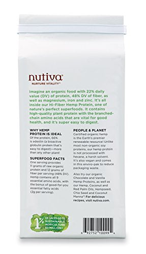 Nutiva USDA Organic Cold-Pressed Raw Hemp Seed Plant Protein with Hi-Fiber and Essential Amino Acids Powder, Non-GMO, Whole 30 Approved, Vegan, Gluten-Free & Keto, 30 Ounce