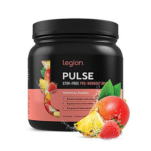 Legion Pulse, Best Caffeine Free Natural Pre Workout Supplement for Women and Men – Powerful Nitric Oxide Booster, Non Stimulant Beta Alanine, Citrulline and Alpha GPC, (Caffeine Free Tropical Punch)