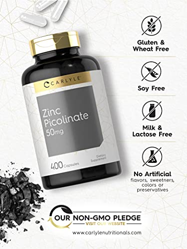 Zinc Picolinate 50mg | 400 Capsules | Value Size | Non-GMO and Gluten Free Supplement | by Carlyle