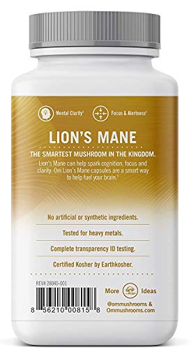 Om Mushroom Superfood Lion's Mane Mushroom Capsules Superfood Supplement, 90 Count, 30 Days, Fruit Body and Mycelium Nootropic for Memory Support, Focus, Clarity, Nerve Health, Creativity and Mood