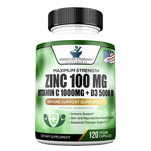 Zinc 100mg, Vitamin C 1000mg, Vitamin D 5000IU per Serving, Immune Support for Adults Kids, Immune System Booster Supplements, Non GMO, No Filler, No Stearate, 120 Vegan Capsules, 60 Day Supply