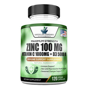 Zinc 100mg, Vitamin C 1000mg, Vitamin D 5000IU per Serving, Immune Support for Adults Kids, Immune System Booster Supplements, Non GMO, No Filler, No Stearate, 120 Vegan Capsules, 60 Day Supply