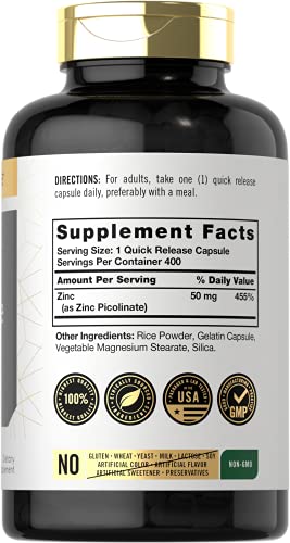 Zinc Picolinate 50mg | 400 Capsules | Value Size | Non-GMO and Gluten Free Supplement | by Carlyle