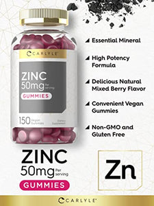 Zinc 50mg Gummies | 150 Count | Vegan, Non-GMO and Gluten Free Formula | Zinc Citrate Dietary Supplement | by Carlyle