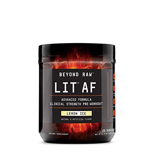 Beyond Raw LIT AF | Advanced Formula Clinical Strength Pre-Workout Powder | Contains Caffeine, L-Citruline, and Nitrosigine | Lemon Ice | 20 Servings