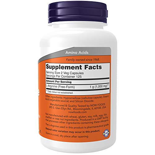 Now Foods Supplements, L-Arginine 500 mg, Nitric Oxide Precursor, Amino Acid, 250 Count, 0.0176 Ounce