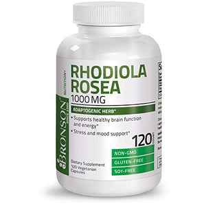 Bronson Rhodiola Rosea 1000mg Supplement - Adaptogenic Herb for Brain, Stress & Mood Support - Non-GMO, 120 Vegetarian Capsules