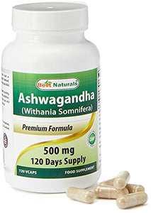 Best Naturals Ashwagandha Capsules for Relaxing Stress and Mood, 500 mg, 120 Count