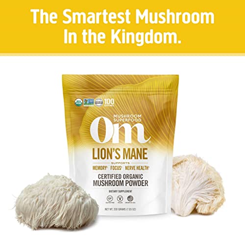 Om Mushroom Superfood Lion's Mane Organic Mushroom Powder, 7.05 Ounce Pouch, 100 Servings, Fruit Body and Mycelium Nootropic for Memory Support, Focus, Clarity, Nerve Health, Creativity and Mood