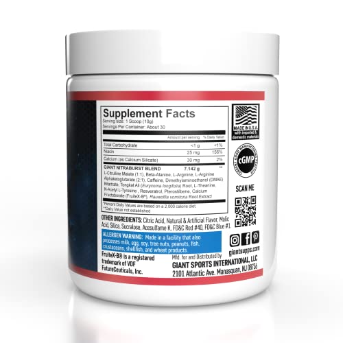 Giant Sports International NITRABURST Pre Workout Powder, Increase Blood Flow, Boosts Strength and Energy, Improve Exercise Performance, Creatine Free (Black Cherry, 30 Servings)