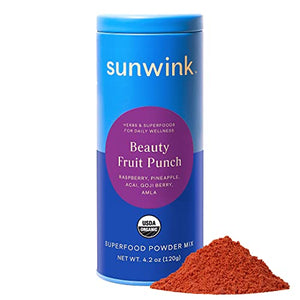 Sunwink Beauty Fruit Punch Organic Superfood Powder Mix Antioxidants for Glowing Radiant Skin, Hydration Support, Plant Based Drink Mix with Acai Berry, Amla, Goji Berry, No Added Sugar (40 Servings)