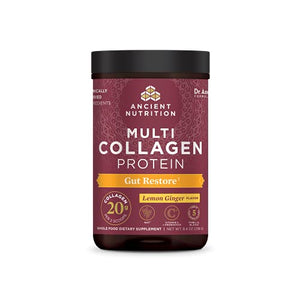 Collagen Powder Protein by Ancient Nutrition, Multi Collagen Protein Gut Restore, Lemon Ginger, Apple Cider Vinegar, Vitamin C, Hydrolyzed Collagen Peptides for Healthy Hair and Nails,8.4 oz.