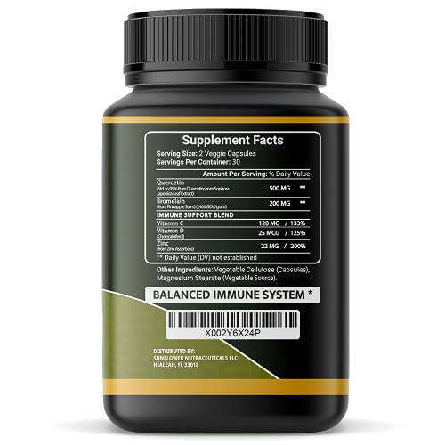 Quercetin with Vitamin C and Zinc - Quercetin with Bromelain - Quercetin 500mg - Zinc Quercetin - 60 Veggie Caps - Quercetin Supplements + Vitamin D3 - (Non-GMO, Gluten-Free, Vegan)