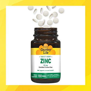Country Life Target Mins Zinc 50 mg - 180 Tablets - Supports Prostate and Immune Health - Superior Absorption