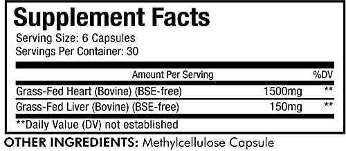 Codeage Grass Fed Beef Heart Supplement - Freeze Dried, Non-Defatted, Desiccated Beef Heart Glandular Supplements - Bovine Meat & Liver Pills –Argentina Beef Vitamins For Heart - Non-GMO -180 Capsules