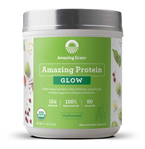 Amazing Grass GLOW Vegan Collagen Support with Biotin and Plant Based Protein Powder, Unflavored, 15 Servings