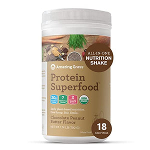 Amazing Grass Protein Superfood: Vegan Protein Powder, All-in-One Nutrition Shake, with Beet Root Powder, Chocolate Peanut Butter, 18 Servings (Old Version)