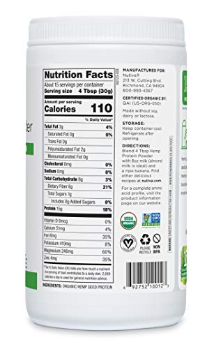 Nutiva Organic Cold-Pressed Raw Hemp Seed Protein Powder, Peak Protein, 16 Ounce, USDA Organic, Non-GMO, Whole 30 Approved, Vegan, Gluten-Free & Keto, Plant Protein with Essential Amino Acids