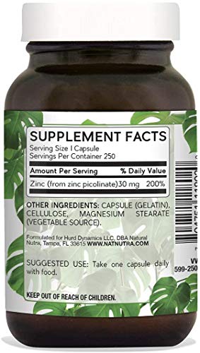 Natural Nutra Zinc Picolinate 30 mg, Double Strength, Raw and Pure, Highly Bioavailable Supplement for Growth, Immune and Thyroid Support, 250 Capsules (2 Pack)