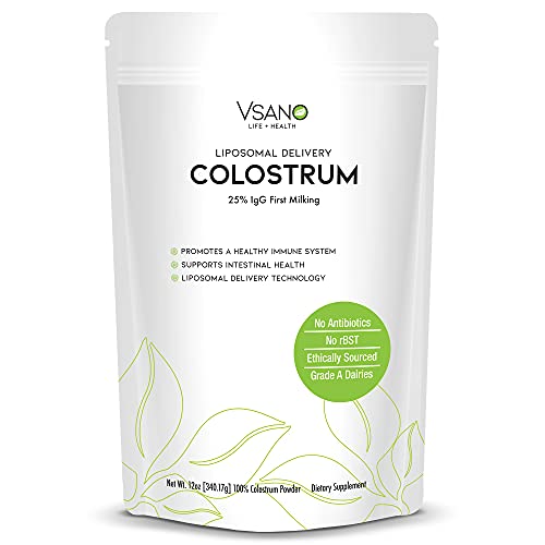 VSano Colostrum Powder with Liposomal Delivery (LD) - Immune System Support for Humans & Pets - Efficient Absorption of Healthy Lactoferrin for Wellness (Natural, 12 oz)