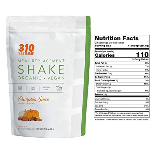 Vegan Organic Plant Protein Powder and Meal Replacement Shake - By 310 Nutrition - Gluten, Dairy and Soy Free - 0g of Sugar | Keto and Paleo Friendly… (Pumpkin Spice, 28 Servings)
