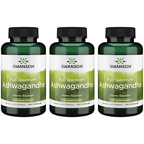 Swanson Ashwagandha Powder Supplement-Ashwagandha Root & Aerial Parts Supplement Promoting Stress Relief & Energy Support-Ayurvedic Supplement for Natural Wellness (100 Capsules, 450mg Each) 2 Pack