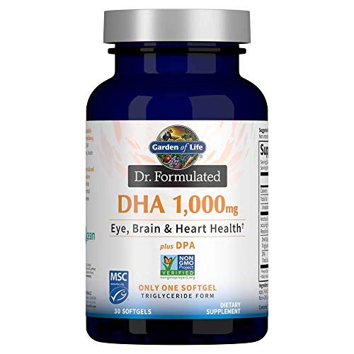 Garden of Life Dr. Formulated Once Daily 1000mg DHA Fish Oil + DPA in Triglyceride Form Softgels, Single Source Omega 3 Supplement for Ultimate Eye, Brain & Heart Health, Lemon, 30 Count