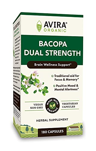 Avira Organic Bacopa Dual Strength, Full Spectrum With Saponins, Bacosides, Cognition, Brain Wellness Support, Helps Positive Mood, Focus And Memory, Max Strength-500mg Per Day Intake, Non GMO